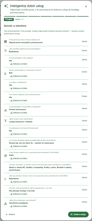 Podsumowanie ankiety inPrice dla wariantu budżetowego: standard budżetowy, brak gładzi, ściany białe, bez sztukaterii i sufitów podwieszanych, panele laminowane, lampy klasyczne i kinkiety, bez klimatyzacji, łazienka w kaflach z brodzikiem i kabiną prysznicową, armatura natynkowa, drzwi przylgowe