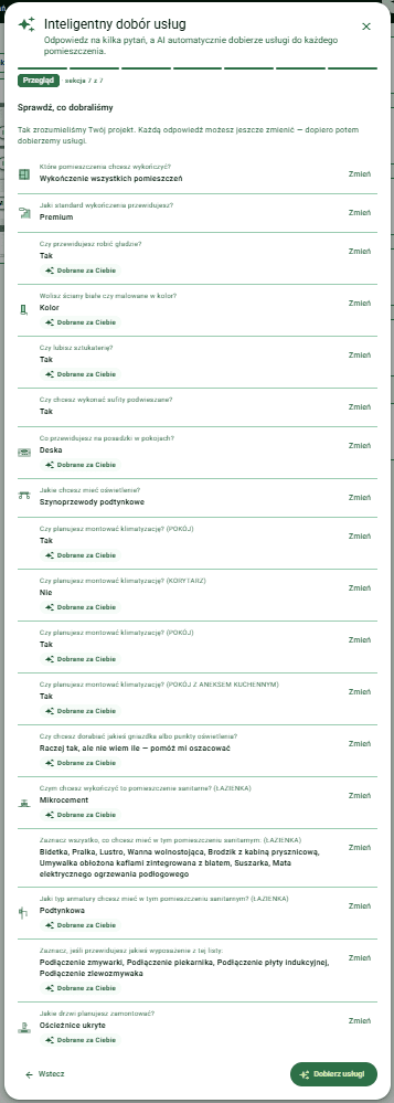 Podsumowanie ankiety inPrice dla wariantu premium: standard premium, gładzie, ściany w kolorze, sztukateria, sufity podwieszane, deska na podłodze, szynoprzewody podtynkowe, klimatyzacja w kilku pomieszczeniach, łazienka w mikrocemencie z wanną wolnostojącą i matą ogrzewania podłogowego, drzwi ukryte