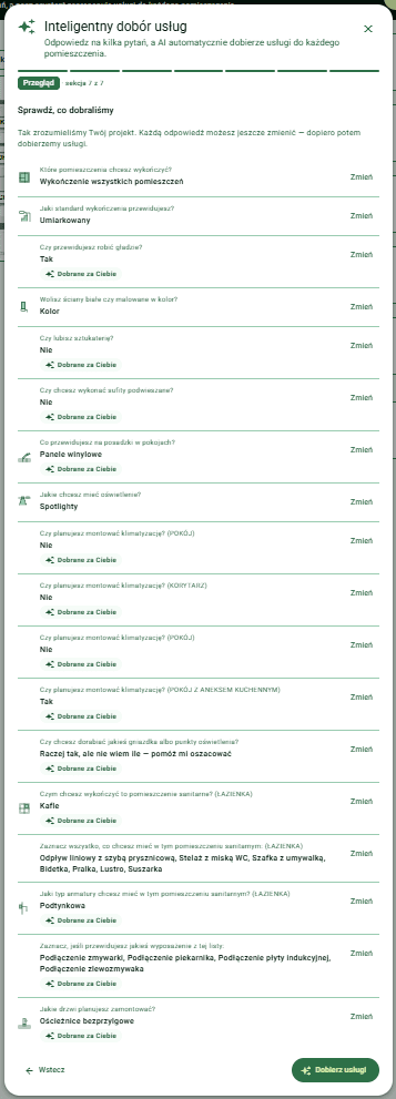 Podsumowanie ankiety inPrice dla wariantu umiarkowanego: standard umiarkowany, gładzie, ściany w kolorze, panele winylowe, spotlighty, klimatyzacja w pokoju z aneksem kuchennym, łazienka w kaflach z odpływem liniowym i szybą prysznicową, armatura podtynkowa, drzwi bezprzylgowe