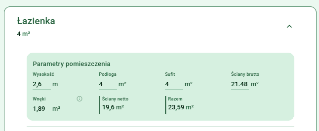 Parametry pomieszczenia „Łazienka” w inPrice: 4 m² podłogi, 4 m² sufitu, 21,48 m² ścian brutto, 1,89 m² wnęk i 19,6 m² ścian netto
