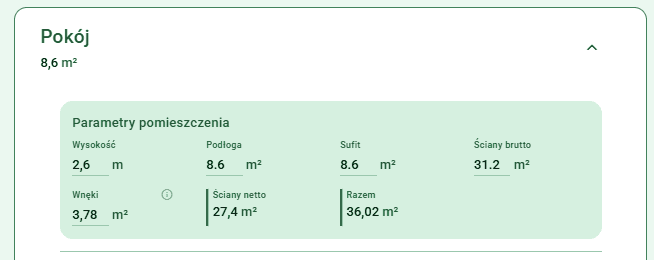 Parametry pomieszczenia „Pokój” w inPrice: 8,6 m² podłogi, 8,6 m² sufitu, 31,2 m² ścian brutto, 3,78 m² wnęk i 27,4 m² ścian netto