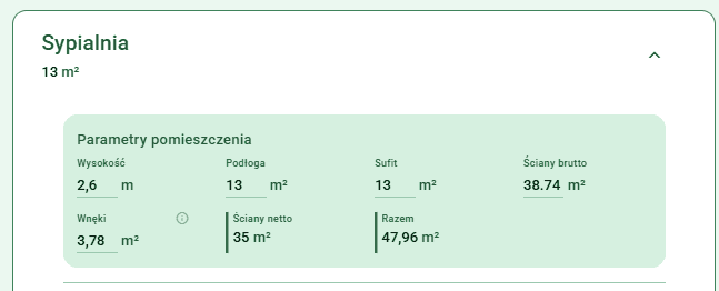 Parametry pomieszczenia „Sypialnia” w inPrice: 13 m² podłogi, 13 m² sufitu, 38,74 m² ścian brutto, 3,78 m² wnęk i 35 m² ścian netto