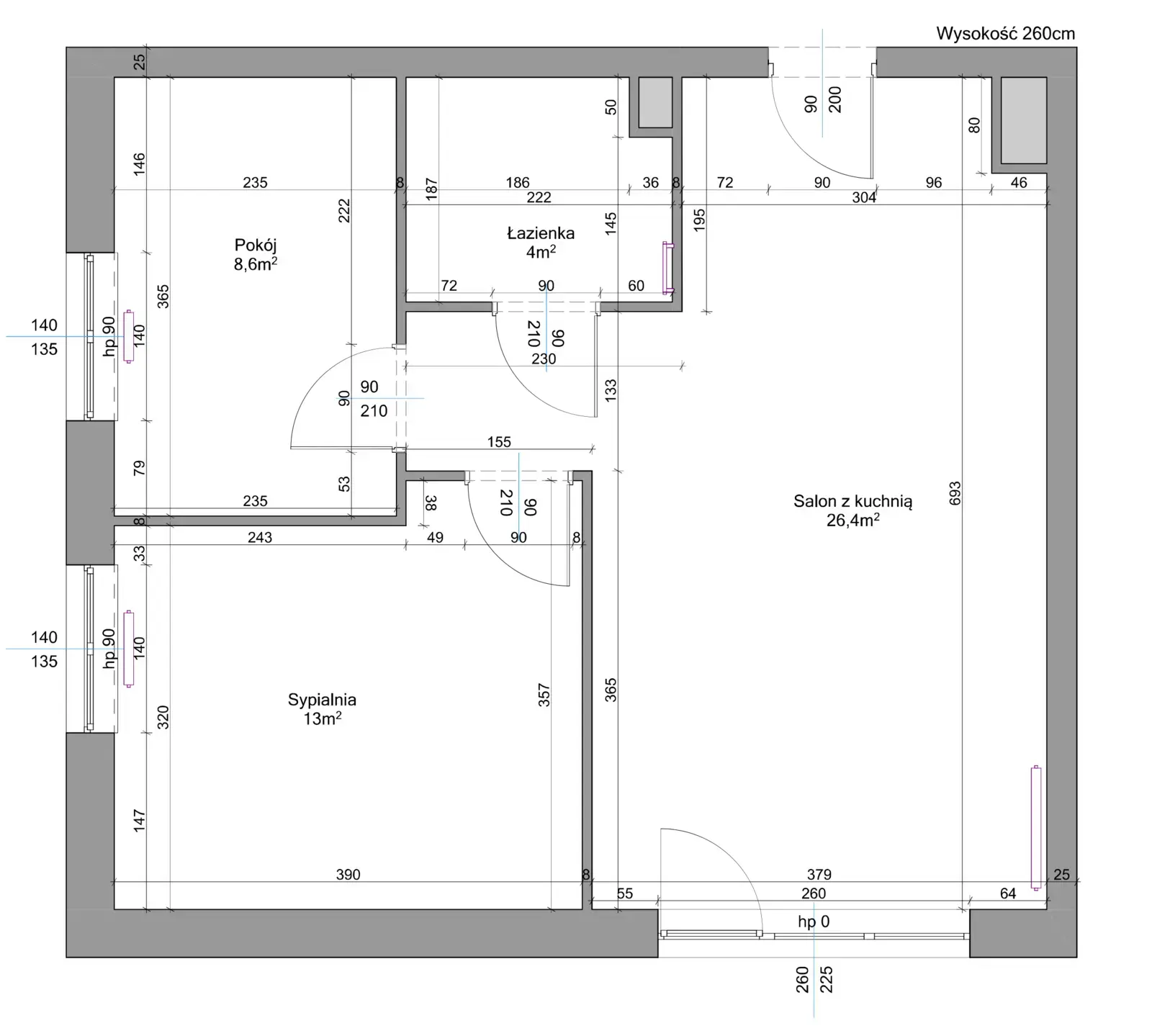 Rzut mieszkania 52 m² z wymiarami: pokój 8,6 m², łazienka 4 m², sypialnia 13 m² i salon z kuchnią 26,4 m², wysokość pomieszczeń 260 cm