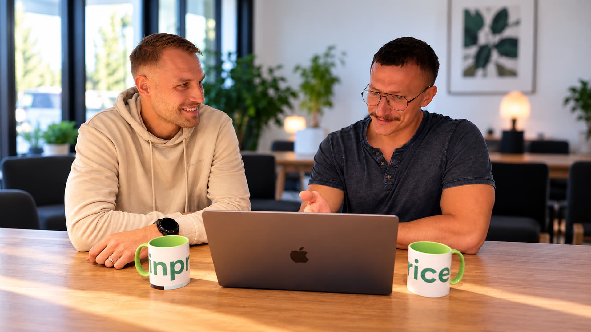 Michał Damecki i Szymon Pawlak rozmawiają przy laptopie w jasnym biurze; na stole dwa kubki z logo inPrice.