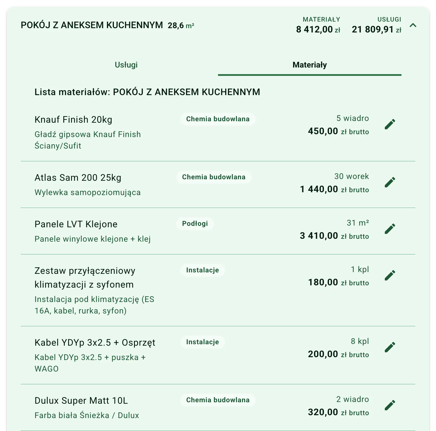 Lista materiałów dla pokoju z aneksem kuchennym w inPrice: gładź Knauf Finish 5 wiader, wylewka Atlas Sam 200 30 worków, panele LVT klejone 31 m², osprzęt elektryczny i farba — materiały 8 412 zł, usługi 21 809,91 zł
