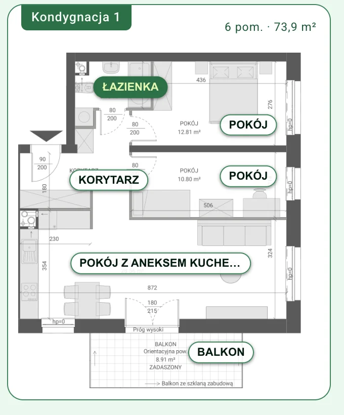 Rzut mieszkania 65 m² wgrany do inPrice: rozpoznane pomieszczenia — łazienka, dwa pokoje, korytarz, pokój z aneksem kuchennym i balkon, razem 73,9 m²