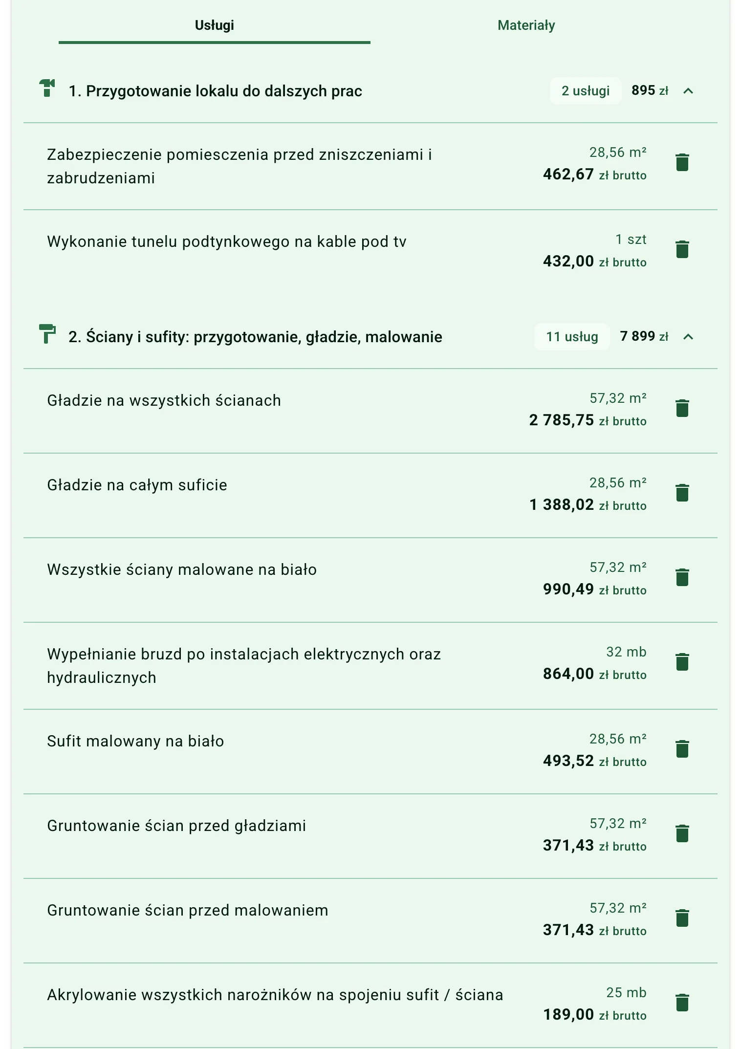 Lista usług dla pokoju z aneksem kuchennym w inPrice: przygotowanie lokalu (2 usługi) oraz ściany i sufity (11 usług) — gładzie na ścianach 57,32 m², gładzie na suficie 28,56 m², malowanie, wypełnianie bruzd 32 mb, gruntowanie przed gładziami i przed malowaniem