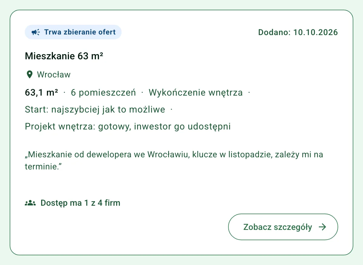 Zlecenie na giełdzie inPrice tak, jak widzą je firmy: mieszkanie 63 m² we Wrocławiu, 6 pomieszczeń, wykończenie wnętrza, start najszybciej jak to możliwe, notatka inwestora i dostęp 1 z 4 firm
