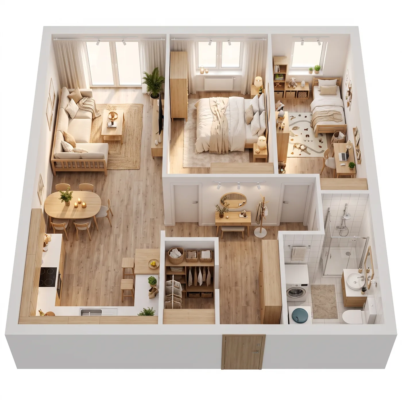 Widok 3D mieszkania 60 m² wygenerowany przez inPrice w stylu skandynawski